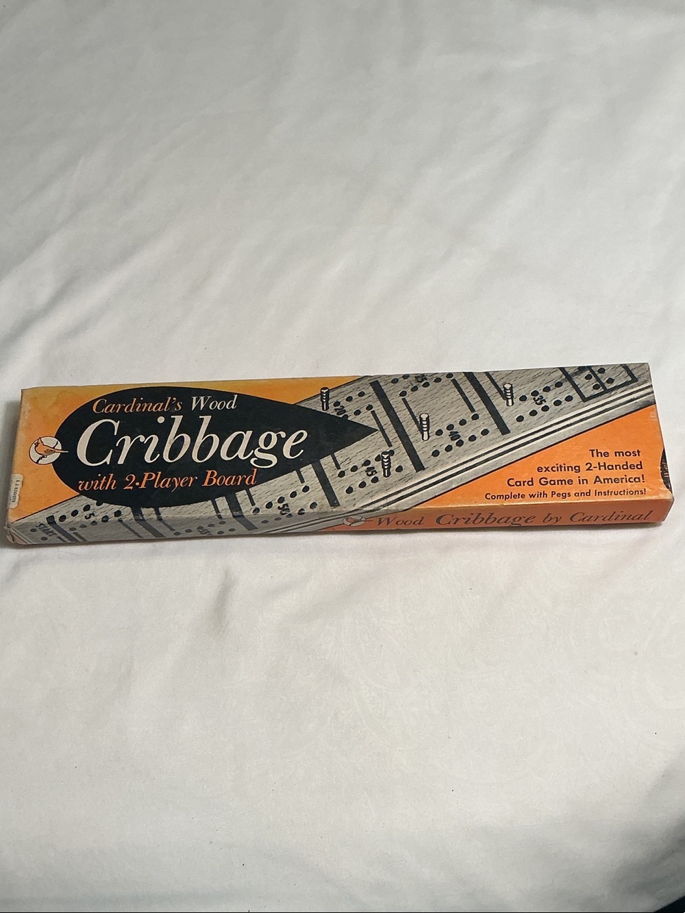 RARE Vintage Wood Cribbage 2-Player Board Game - Orange box with few pegs
